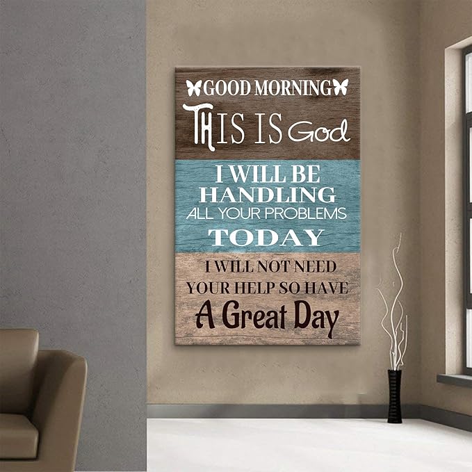 PSYYSP Inspirational Wall Art Good Morning This Is God Religious Quotes Print Funny Christian Picture Poster for Home Man Room Church Office Decor Sign Framed Ready to Hang [24''Wx36''H]