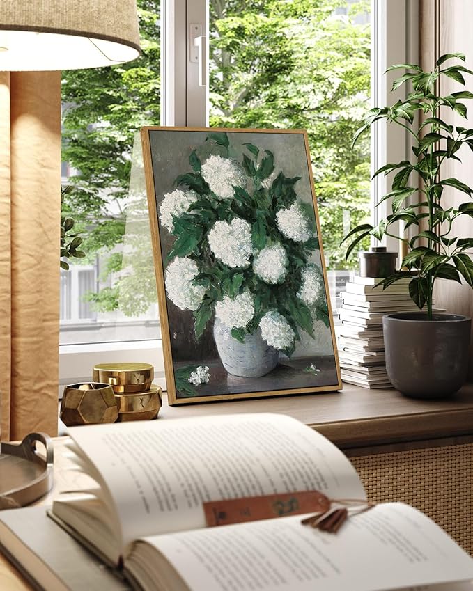 InSimSea Framed Canvas Prints Art Vintage Decor, Flower Wall Art Home Decor, White Hydrangea Paintings Large Prints, Botanical Floral Wall Decoration for Living Room Bathroom Office, 16"x24"