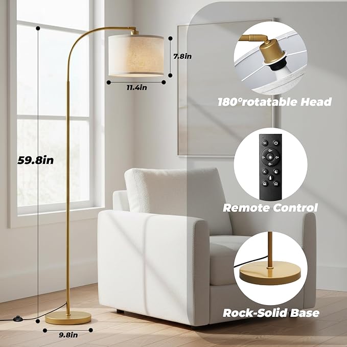Arc Floor Lamps for Living Room, Modern Standing Lamp with Remote Dimmable Floor Lamp with Linen Shade, Tall Lamp for Bedroom Office Dining Room (Gold)