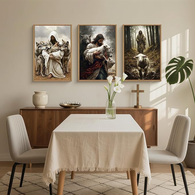 KAIRNE Easter Christian Wall Art Set of 3, The Good Shepherd Canvas Prints, Vintage Bible Verse Decor with Lamb and Wolf Symbolism, Religious Home Decor for Living Room, Bedroom 24x36 Inch