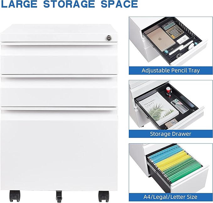 Mobile Filing Cabinet,3 Drawer Mobile File Cabinet with Lock,for Legal/Letter/A4 Documents,Home Office Storage Dresser Cabinet (White)