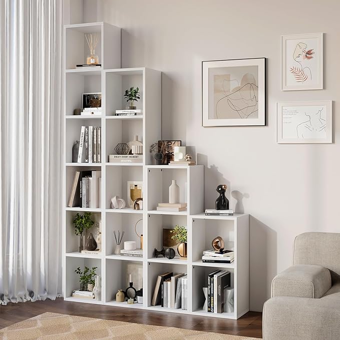 oneinmil 71.5" Tall Narrow Bookshelf, 6-Tier Cube Display Rack, Modern Corner Bookshelf with Storage Space, CD Storage Cabinet for Home Office (White 1 Pack, 6-Tier) | Cube Display Rack, Storage Space, CD Storage Cabinet, Home Office, 1 Pack