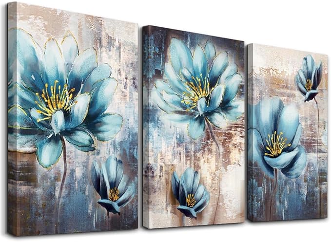 Lapremoly Large Size Canvas Wall Art For Living Room Family Wall Decor For Bedroom Abstract Blue Flowers Paintings Office Decor Modern Wall Decorations For Kitchen Pictures Artwork 20" X 28" 3 Piece