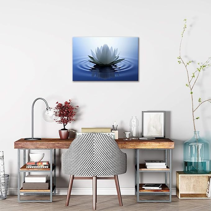 White Lotus Wall Art Canvas Pictures Print Spiritual Meditation Artwork Poster for Yoga Room Bathroom Zen Spa Photo Decor Framed Ready to Hang (12x 16inch)