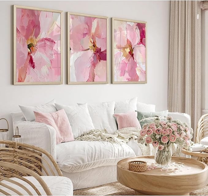 Abstract Floral Wall Art Pink Flower Canvas Pictures Modern Wall Decor Blush Pastel Pink Prints Peony Painting Minimalist Poster Botanical Artwork for Bedroom Living Room 16x24x3 Inch Wood Framed