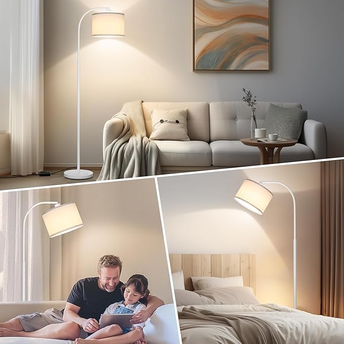 Floor Lamps for Living Room, White Arc Floor Lamp with Stepless Dimmer, Modern Standing Lamp with Adjustable Drum Shade, Tall Pole Lamp for Bedroom Study Room Office, 9W 3000K LED Bulb Included