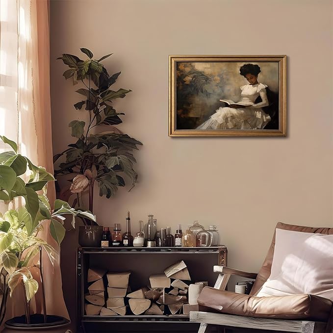 Gold Framed Wall Art Vintage Canvas Wall Art African American Black Girl Reading Book Artwork Prints Picture for Living Room Bedroom Farmhouse Bathroom Office Decor, 16x24