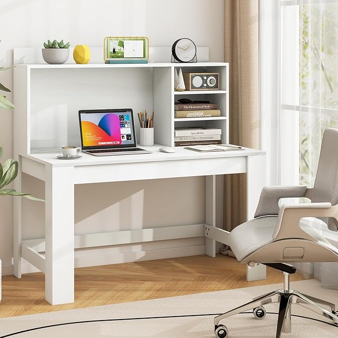 Tangkula 48“ Computer Desk with Hutch, Home Office Writing Study Desk with Storage Shelves, Cable Management Hole, Laptop Desk, Desk for Bedroom, Computer Workstation (White)