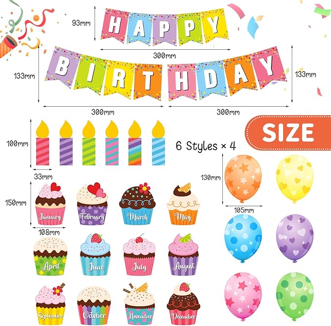 Leinuosen 45 Pieces Happy Birthday Bulletin Board Set Birthday Bulletin Board Decorations Classroom Chart Calendar Balloon Candle Cupcake Cutouts for Calendar Classrooms(Colorful)