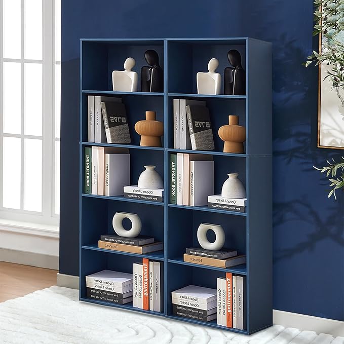 Bookshelves and Bookcases,5-Tier Double Open Storage Shelf, Floor Standing Display Storage Shelves for Home Office, Living Room, Bedroom, Blue