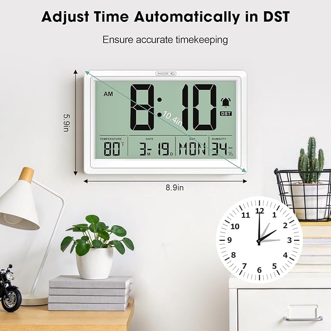 10.4'' Digital Wall Clock Battery Operated with Date/Temp/Week, Touch Snooze Function, Alarm, Temperature & Humidity - Easy to Read and Set, Auto DST