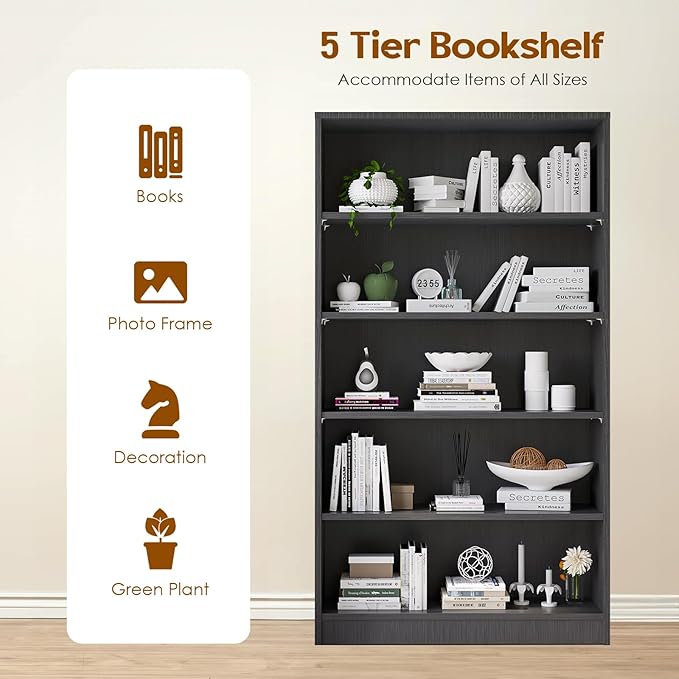 Soohow 5 Shelf Bookcase,60 Inch Wood Tall Bookshelves for Living Room,Grey