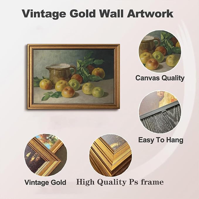 Gold Framed Wall Art Vintage Canvas Wall Art Harvest Apples Still Life Artwork Prints Picture for Living Room Bedroom Farmhouse Bathroom Office Decor, 12x16