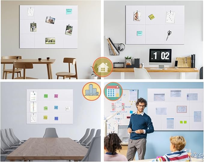 Felt Wall Tiles Bulletin Board Large Cork Board Alternative 6 Pack 11.81”x11.81”x0.47” Felt Pin Board Tack Board with Safe Removable Adhesive Tabs for Home Office School 36x24 (White)