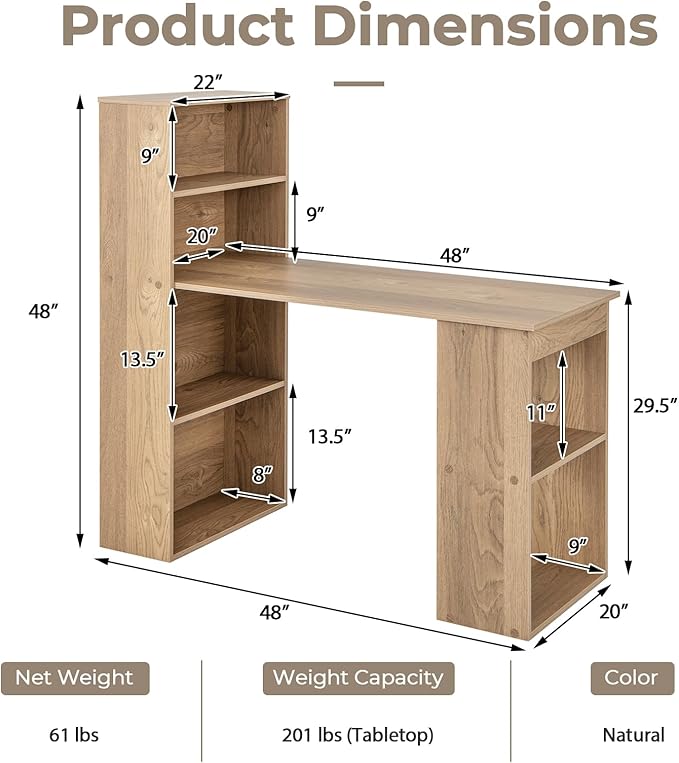 Giantex 48 Inch Computer Desk with Bookshelf, 3-in-1 Home Office Desk with 4-Tier Bookcase & CPU Stand, Space-Saving Reversible Writing Desk Work Table for Bedroom, Study Room, Office (Natural)