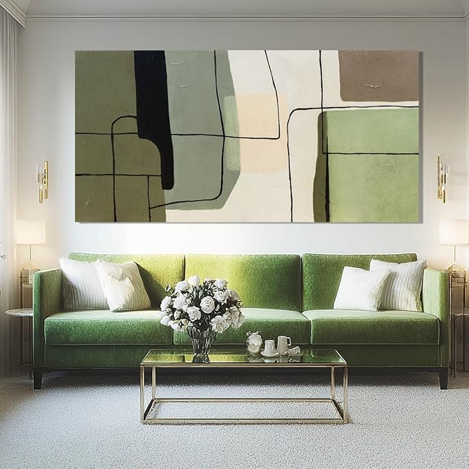 ZENPEE Green Modern Wall Art and White Canvas Art, Large Abstract Wall Art for Office, Dining Room, Bedroom, or Living Room, 29" x 58"