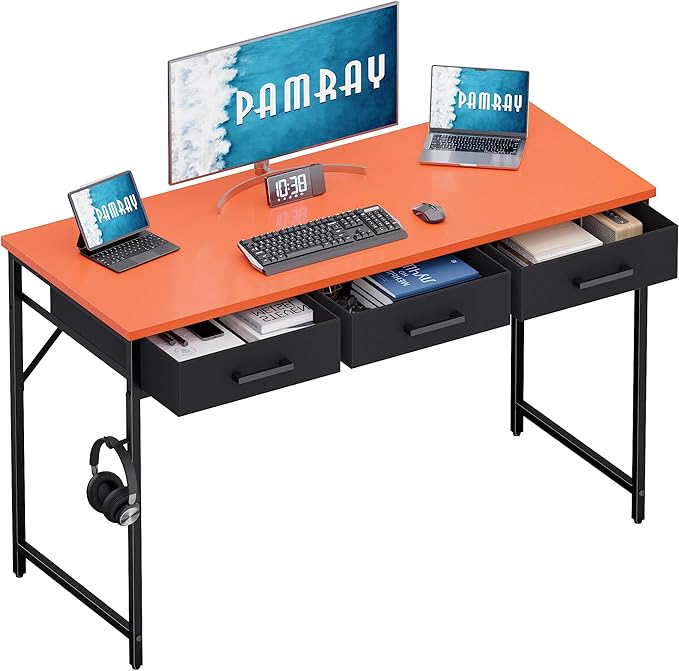 Pamray 47 Inch Small Computer Desk with 3 Drawers for Bedroom Study Writing Home Office Table for Small Spaces Orange
