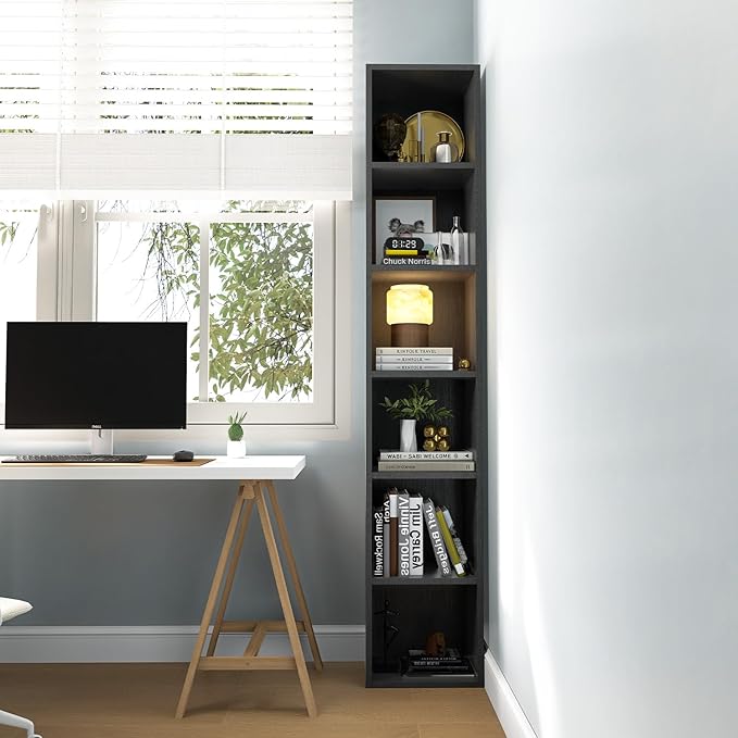 MXV Narrow Bookshelf, 6-Tier Open Bookcase, Coner Shelf, Storage Shelves, Display Storage Shelves, Floor Standing Unit, Home Decor, Furniture for Home Office, Living Room, Bedroom, Black