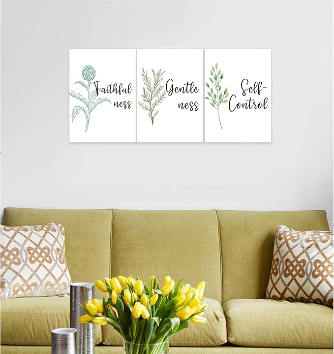 3 Piece Inspirational Wall Art, White Plant Background Picture, Quote "Faithfulness Gentleness Self-control" Canvas Print for Home Decor, Stretched And Framed Artwork for School Wall Decor(36"Wx24" H)