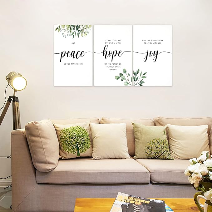 3 Piece Inspirational Wall Art, White Plants Background Picture, Quotes "Peace Hope Joy" Canvas Print for Home Decor, Triptych Motivational Poster Framed Artwork for Classroom Wall Decor (48"Wx24" H)