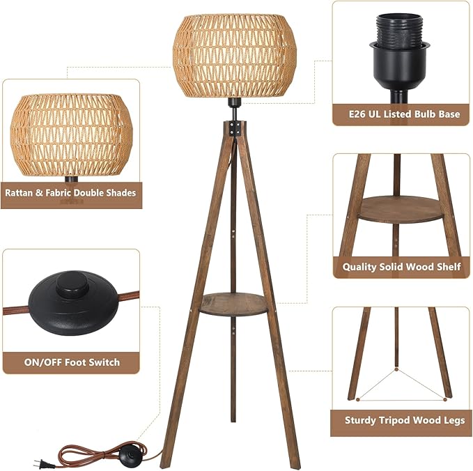 Boho Tripod Floor Lamps for Living Room, Wood Floor Lamp with Shelf, Mid Century Modern Standing Lamp with Rattan Shades, Foot Switch, Rustic Farmhouse Tall Lamps for Bedroom Office, Brown