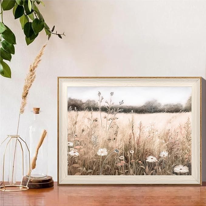 ASTRDECOR Framed Nature Wall Art Prints, Vintage Wildflower Field Landscape Canvas Wall Art Bedroom, Autumn Oil Painting Botanical Artwork, Plant Pictures Farmhouse Wall Decor Living Room - 12''x16''