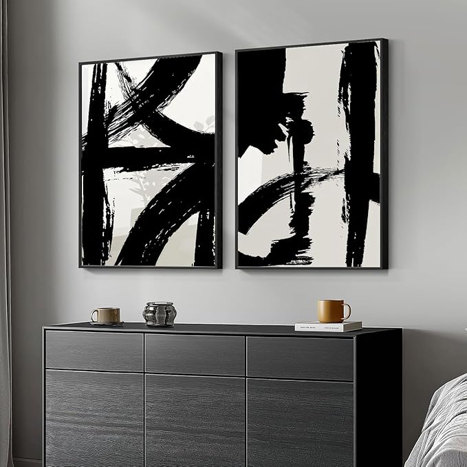 Set of 2 Framed Black and White Brush Stroke Canvas Wall Art Modern Abstract Minimalist Ink Line Painting Retro Mid-Century Geometric Poster Prints for Office Home Decor (12inx16in Framed)