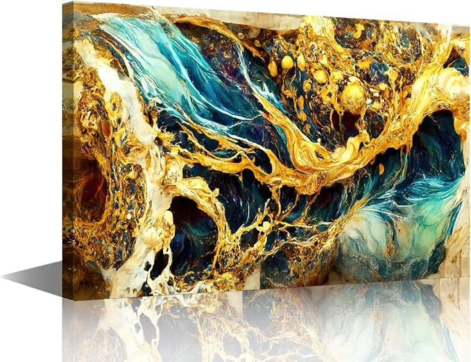 Abstract Canvas Wall Decor Marble Art Picture Artwork Seawater and Flames Poster Printing Modern 1 Panel Canvas Art for Men Lady Living Room Decoraiton Stretched and Framed Ready to Hang 18x12 in