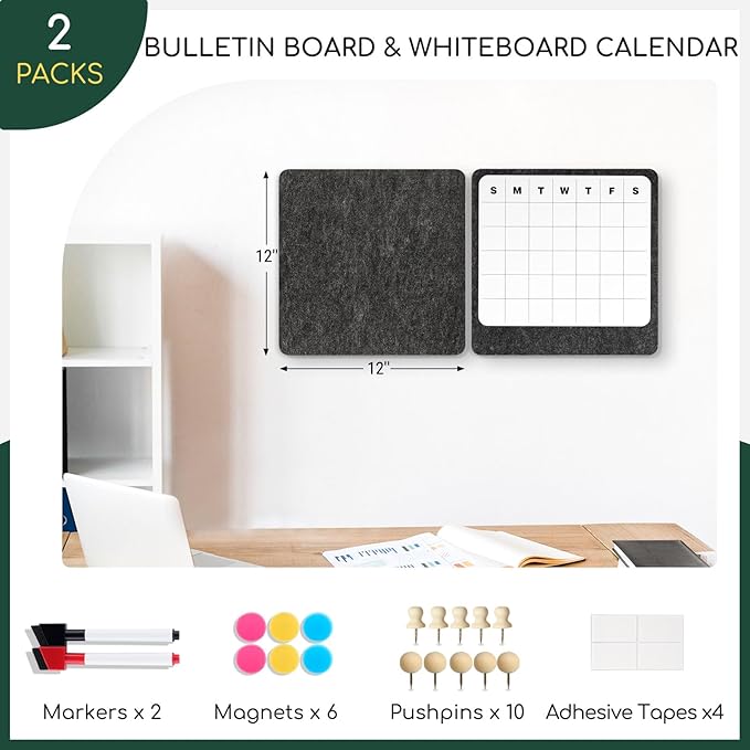 DOLLAR BOSS Felt Bulletin Board & Dry Erase Whiteboard Calendar Combo 2 Pcs 12" X 12" Magnetic White Board Cork Board for Wall Frameless Combination Board with Pins Wall Decor for Home School Office