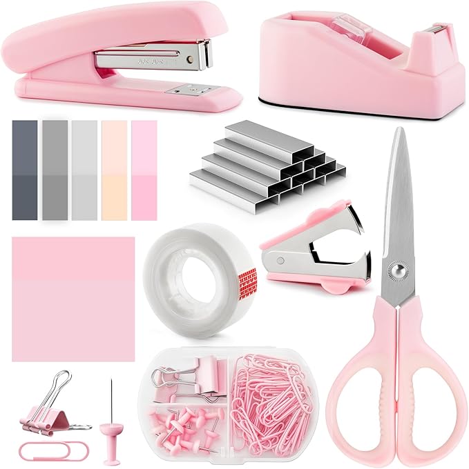 Pink Office Supplies Set for Kids, Stapler and Tape Dispenser for Women, Pink Desk Accessories for Kids, Office Desk Accessories Gift for Women, Boss Lady, Coworkers