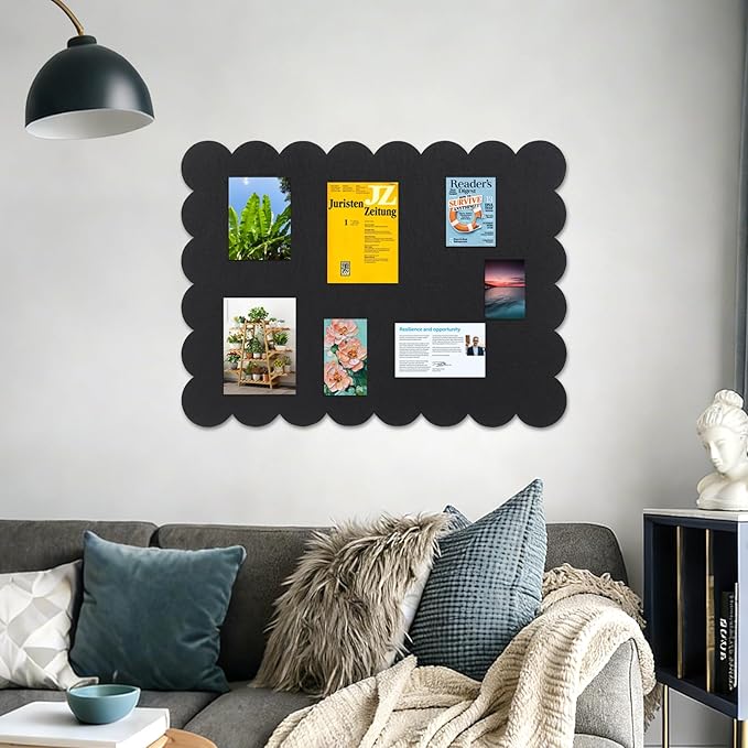 Scalloped Felt Bulletin Board, 36 x 24 Inches Foldable Pin Cork Board with 20 Pushpins - Decorative Cork Alternative for Wall, 3' x 2' Trifold Picture Self Adhesive Vision Prayer Board - Black