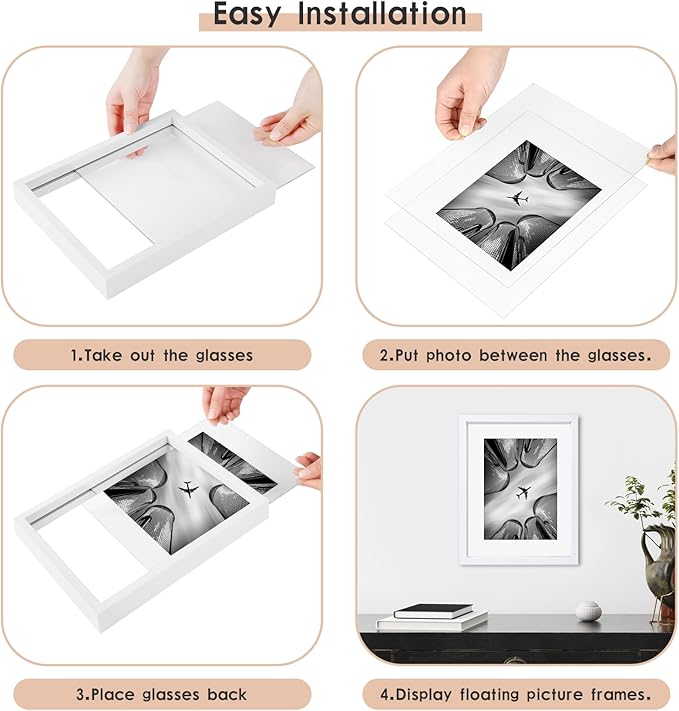 MUYE 8x10 Floating Frame Set of 2,Double Real Glass Photo Frame for Wall Hanging or Tabletop Standing,Display Any Size Photo up to 8x10,White