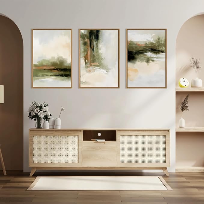 KAIRNE Green Abstract Neutral Framed Canvas Wall Art Set, Modern Watercolor Shapes Wall Decor, Minimalist Pastel Wall Painting, Brown, Gray Tan for Living Room, Bedroom, Office 16x24 Inch