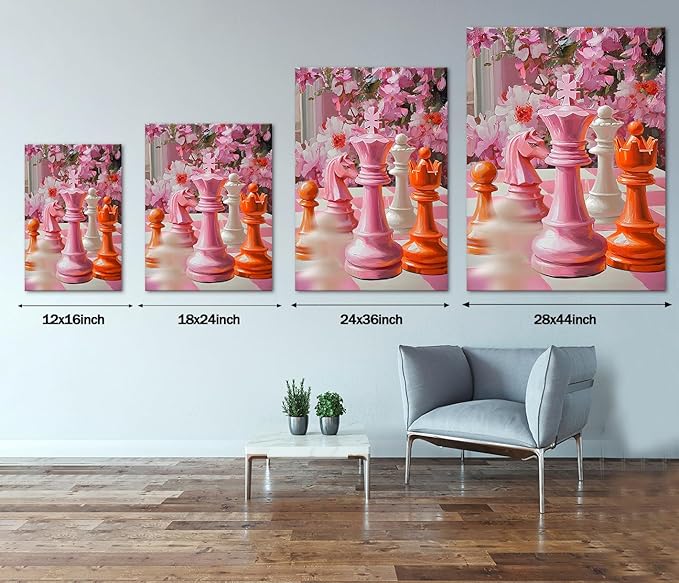 Chess Canvas Wall Art - Colorful Chess Pieces with & Pink Floral Painting, Modern Inspirational Artwork Intelligence Game Decor for Living Room, Office, Home, Stretched Framed (18x 24 in)