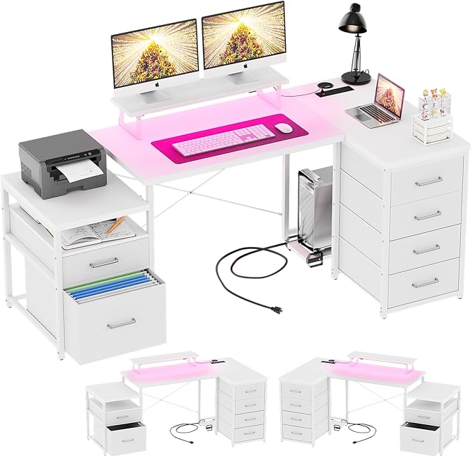 Unikito 70.8" Reversible L Shaped Computer Desk with Fabric File Drawers, Corner Desks with RGB LED Light & Power Outlets & Monitor Stand, Large Gaming Desk for Home Office Workstation, White