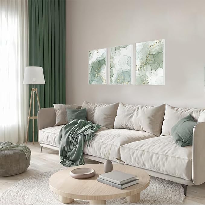 Sage Green Wall Art Set of 3,Abstract Green Wall Decor Living Room,Minimalist Modern Framed Wall Art Marble Line Beige Gold Green Canvas Artwork Paintings,Boho Room Decor,Bedroom Bathroom Office Artwork,12"x16"