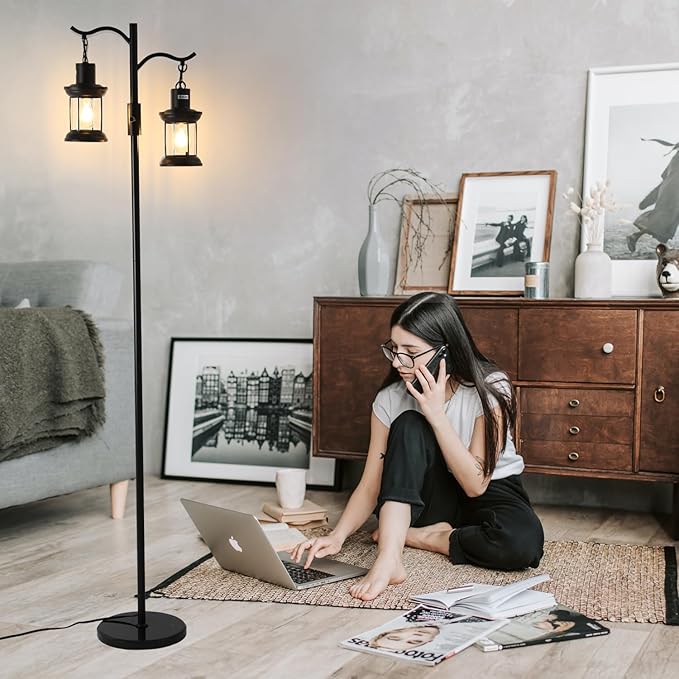 Vintage Dimmable Floor Lamp,2 Classical Lanterns Standing Lamp, Rustic Farmhouse Floor Lamp with Black Finish, for Living Room Bedroom (Black)