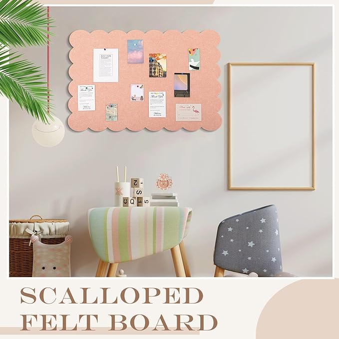 Scalloped Felt Bulletin Board 36 x 24 Inches Foldable Light Pink Pin Cork Board Alternative for Wall, 3' x 2' Trifold Picture Vision Self Adhesive Bulletin Decorative