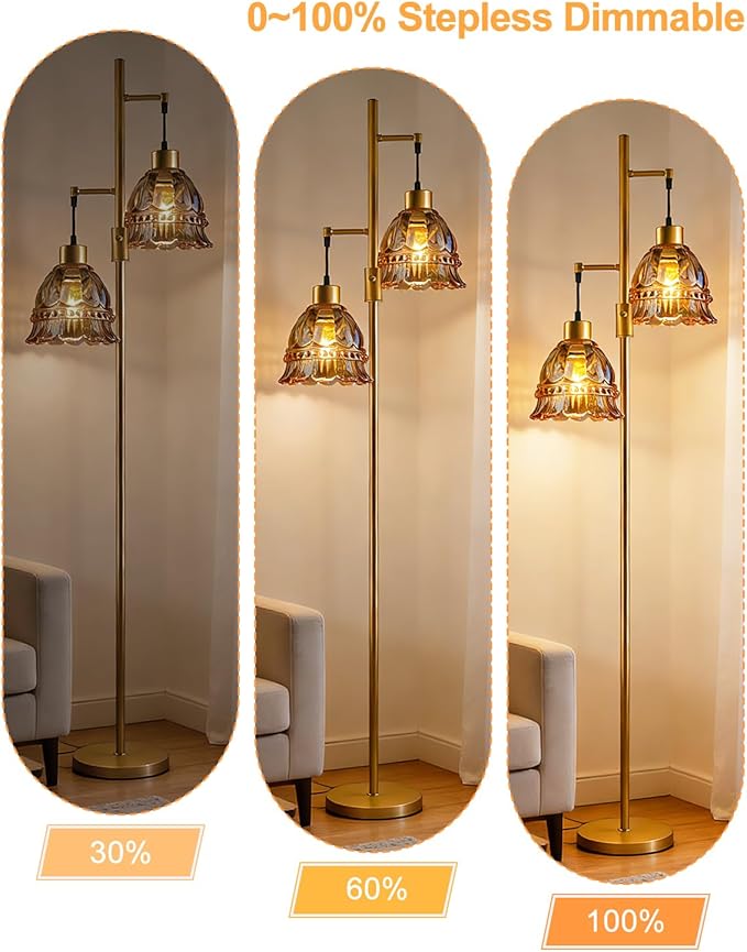 Gold Dimmable Floor Lamp for Living Room, 2-Light 65IN Tall Standing Lamps with Brown Glass Lampshade, 3000K Warmwhite Mid Century Modern Floor Lamp for Bedroom/Home Office/Corner