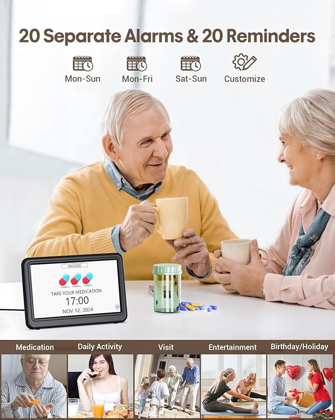 Clock with Day and Date for Elderly, 7" Large Display Digital Calendar Day Clock with 20 Custom Alarms and Medicine Reminders, Dimmable Dementia Alzheimers Clocks for Seniors, Black (Ac Powered)