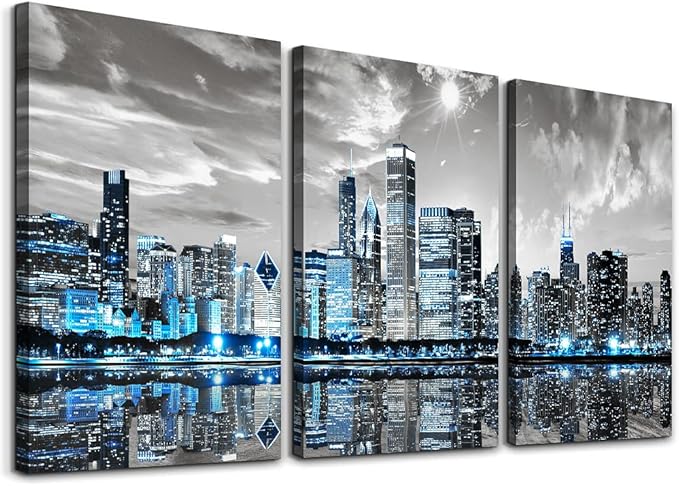 SERIMINO Chicago Skyline Wall Art for Living Room, Modern City Pictures Canvas Wall Decor for Office Bedroom 3 Pieces Set Night Scene Prints Paintings for Home 12"X16"