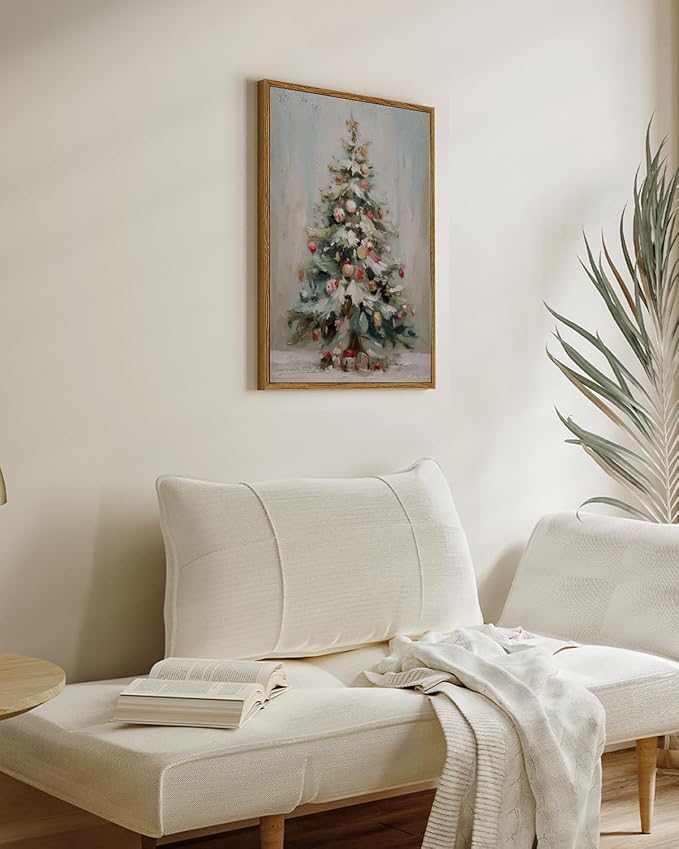 ARPEOTCY Framed Canvas Wall Art, 12x16 Inch Vintage Christmas Tree Print, Holiday Oil Painting Wall Decor for Living Room, Fireplace, or Festive Home Decoration