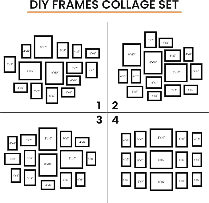 15 Pack Picture Frames Collage Wall Decor, Gallery Frame Set for Wall Mounting or Tabletop Display, Multi Sizes Including 3pcs 8x10, 6pcs 5x7, 6pcs 4x6, Black+Oak+Walnut