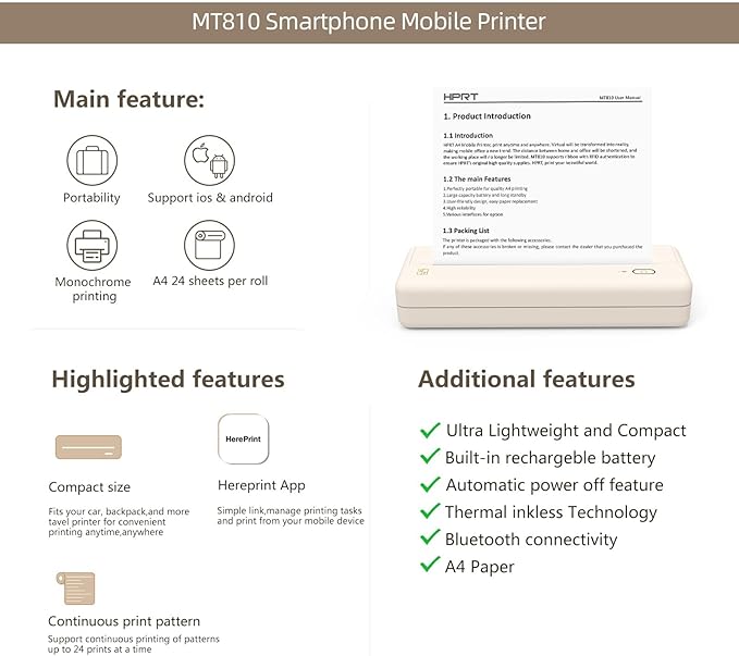 HPRT MT810 Wireless Portable Printer – Bluetooth Thermal Inkless Printer for Travel, Mobile Office, School and Home – Compatible with iOS, Android (Beige)