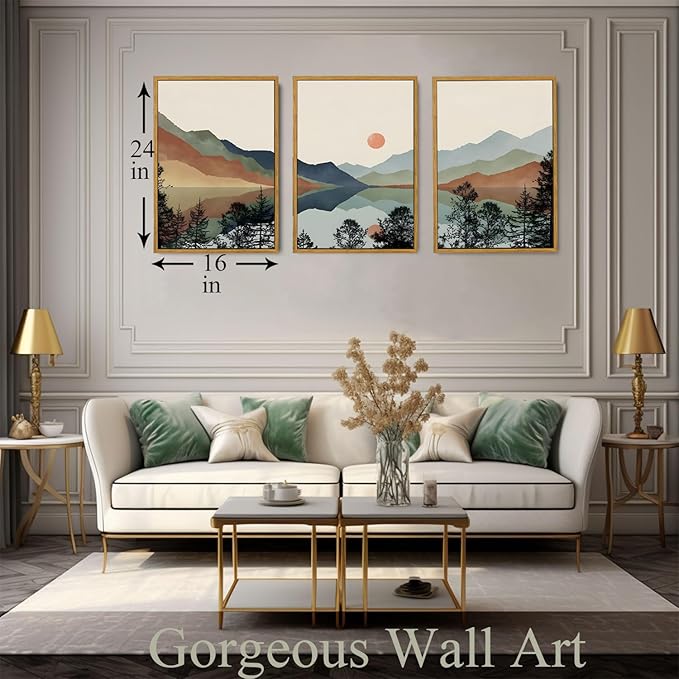 Bwodke Framed Wall Art Canvas Mountain Wall Art Set of 3 Boho Watercolor Nature Landscape Picture Decor Sun Forest Prints Artwork for Living Room Bedroom Office 16"x24"