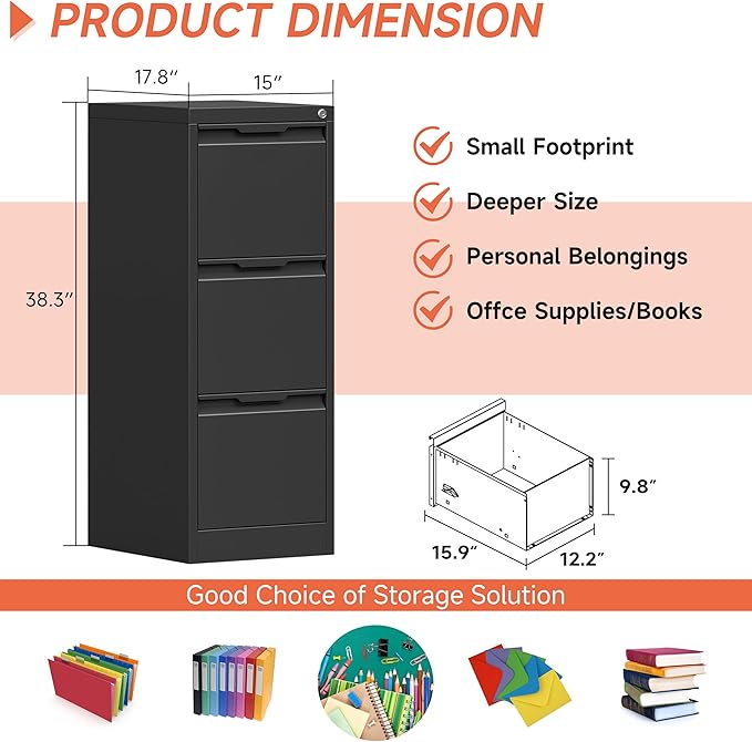 3 Drawer File Cabinet,Filing Cabinets for Home Office, Metal Vertical File Storage with Lock, Locking for A4 Legal/Letter, Assembly Required(Black)
