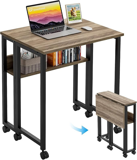 GreenForest Folding Desk Small Rolling Desk with Storage Shelf,24.8 inch Foldable Computer Desk with Wheels for Small Space,Easy Assembly,Grey Wash