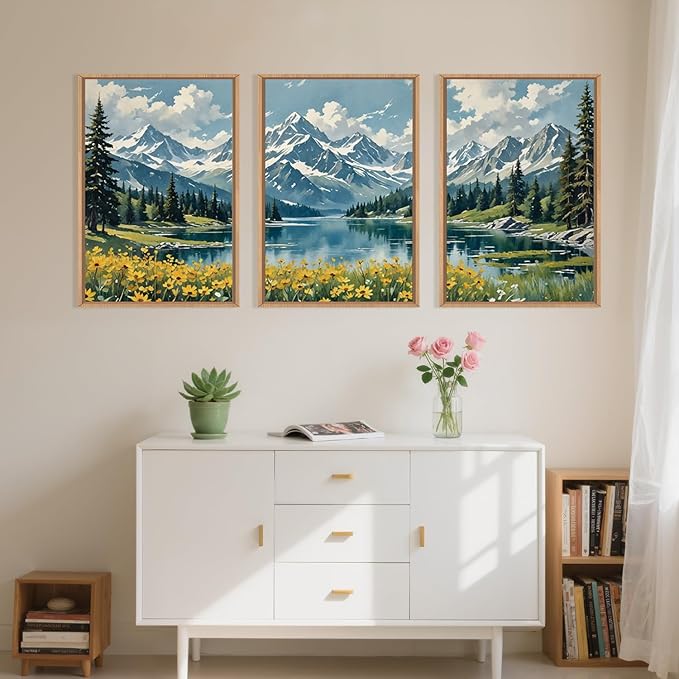 BICERE Large Snow Mountain Wildflower Framed Canvas Wall Art,Pine Tree Woodland Wall Decor,Forest Floral Lake Wall Painting,Watercolor Scenery Artwork for Living Room,Bedroom,Dining Room,Office -24"x36"x3