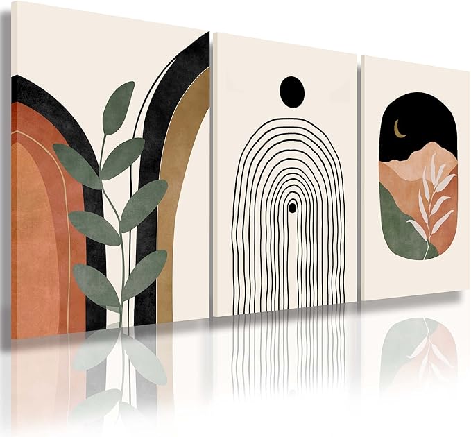 Boho Wall Art Prints Set of 3, Boho Wall Decor, Mid Century Modern Prints Sun Moon Leaf Mountain Canvas Wall Painting, Neutral Abstract Geometric Prints Canvas Artwork Prints for Bedroom Bathroom Living Room Office