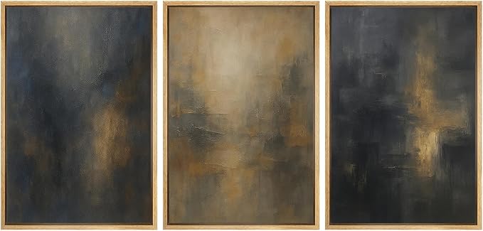 MUDECOR Framed Wall Art Print Set Dark Abstract Modern Contemporary in Navy Blue and Gold Brushstrokes Illustrations Modern Art Decorative for Living Room, Bedroom, Office - 16"x24"x3 Natural